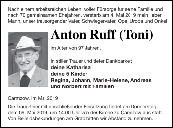 Traueranzeige von Anton Ruff von Pasewalker Zeitung