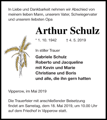 Traueranzeige von Arthur Schulz von Müritz-Zeitung