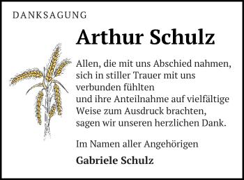 Traueranzeige von Arthur Schulz von Müritz-Zeitung