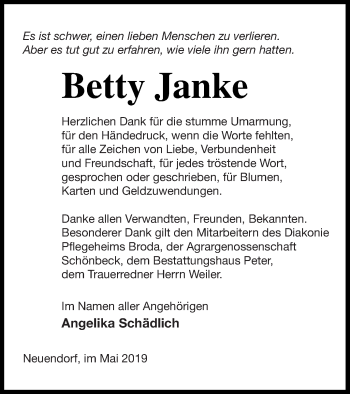 Traueranzeige von Betty Janke von Neubrandenburger Zeitung