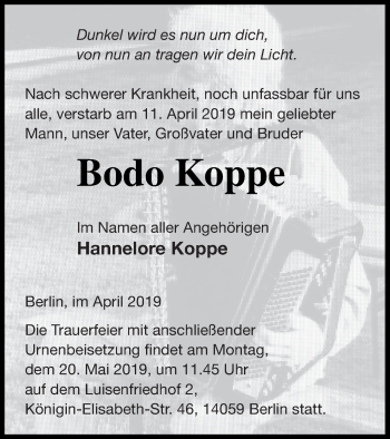 Traueranzeige von Bodo Koppe von Vorpommern Kurier