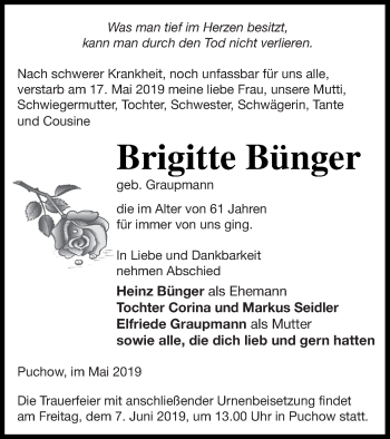 Traueranzeige von Brigitte Bünger von Müritz-Zeitung