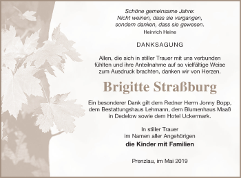 Traueranzeige von Brigitte Straßburg von Prenzlauer Zeitung