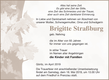 Traueranzeige von Brigitte Straßburg von Prenzlauer Zeitung