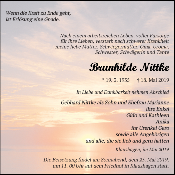 Traueranzeige von Brunhilde Nittke von Prenzlauer Zeitung