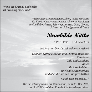 Traueranzeige von Brunhilde Nittke von Prenzlauer Zeitung