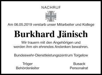 Traueranzeige von Burkhard Jänisch von Pasewalker Zeitung