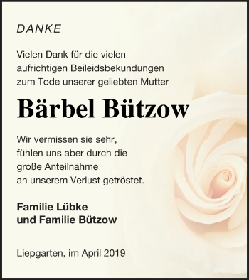 Traueranzeige von Bärbel Bützow von Haff-Zeitung