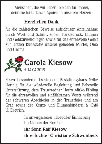 Traueranzeige von Carola Kiesow von Zeitung für die Landeshauptstadt