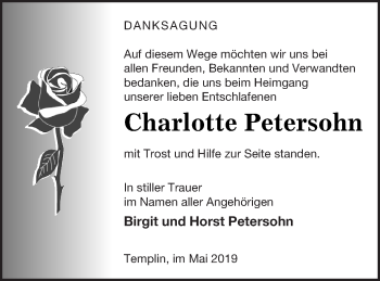 Traueranzeige von Charlotte Petersohn von Templiner Zeitung