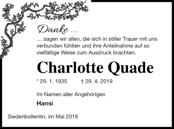 Traueranzeige von Charlotte Quade von Neubrandenburger Zeitung