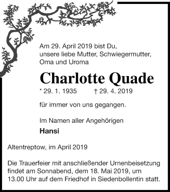 Traueranzeige von Charlotte Quade von Neubrandenburger Zeitung