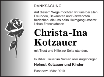 Traueranzeige von Christa-Ina Kotzauer von Mecklenburger Schweiz