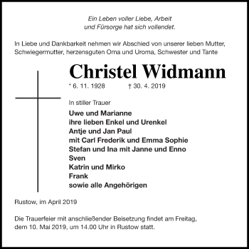 Traueranzeige von Christel Widmann von Vorpommern Kurier