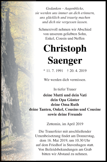 Traueranzeige von Christoph Saenger von Mecklenburger Schweiz