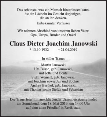 Traueranzeige von Claus Dieter Joachim Janowski von Norddeutsche Neueste Nachrichten