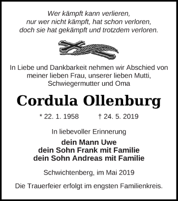 Traueranzeige von Cordula Ollenburg von Demminer Zeitung