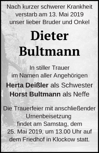 Traueranzeige von Dieter Bultmann von Prenzlauer Zeitung