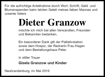 Traueranzeige von Dieter Granzow von Neubrandenburger Zeitung