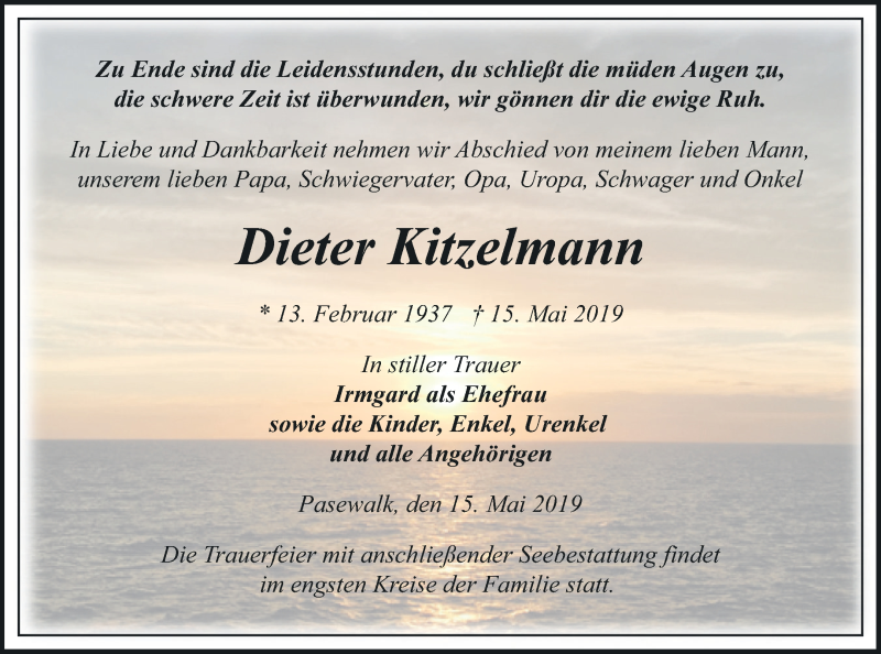  Traueranzeige für Dieter Kitzelmann vom 24.05.2019 aus Pasewalker Zeitung
