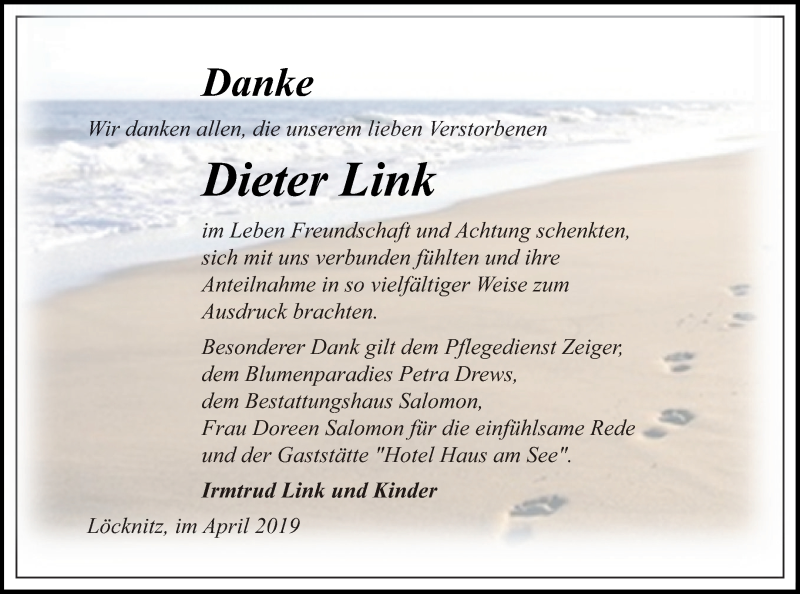 Traueranzeige für Dieter Link vom 04.05.2019 aus Pasewalker Zeitung
