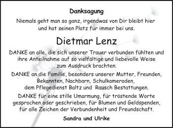 Traueranzeige von Dietmar Lenz von Vorpommern Kurier