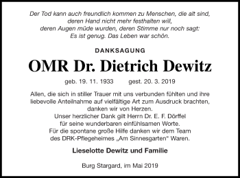 Traueranzeige von Dietrich Dewitz von Müritz-Zeitung