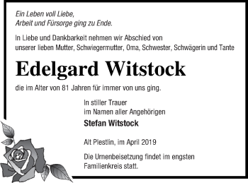 Traueranzeige von Edelgard Witstock von Vorpommern Kurier