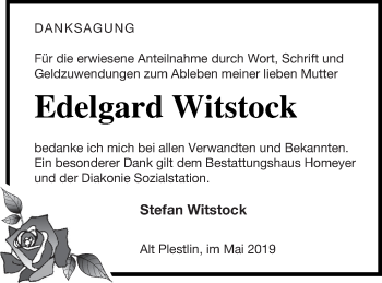 Traueranzeige von Edelgard Witstock von Vorpommern Kurier