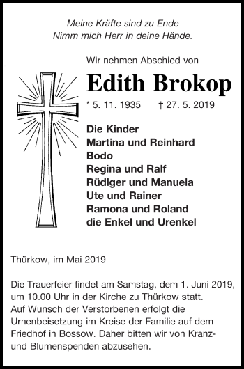 Traueranzeige von Edith Brokop von Mecklenburger Schweiz