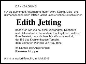 Traueranzeige von Edith Jettrog von Templiner Zeitung