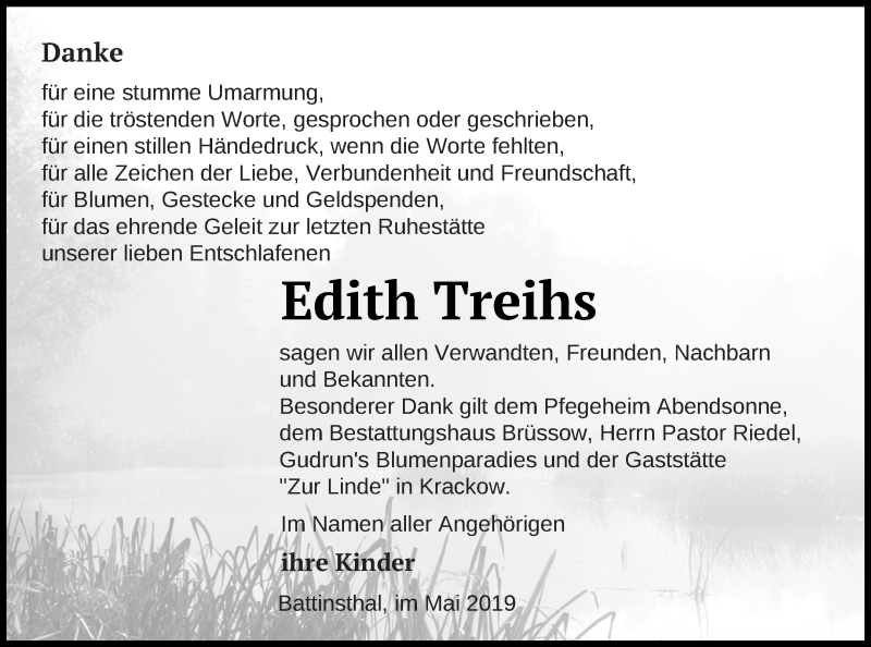  Traueranzeige für Edith Treihs vom 21.05.2019 aus Pasewalker Zeitung