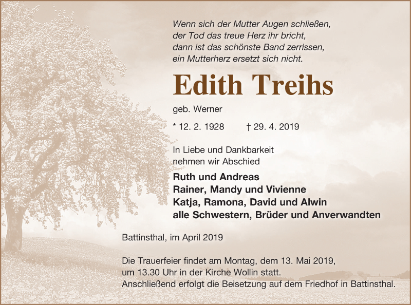  Traueranzeige für Edith Treihs vom 03.05.2019 aus Pasewalker Zeitung