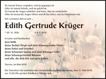 Traueranzeige von Edith Gertrude Krüger von Mecklenburger Schweiz