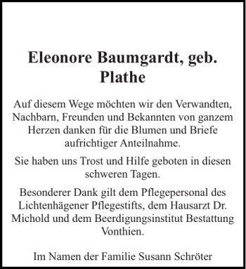 Traueranzeige von Eleonore Baumgardt geb. Plathe von Norddeutsche Neueste Nachrichten