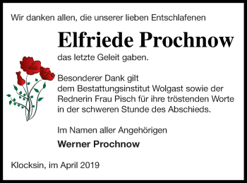 Traueranzeige von Elfriede Prochnow von Müritz-Zeitung