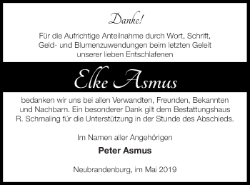 Traueranzeige von Elke Asmus von Neubrandenburger Zeitung