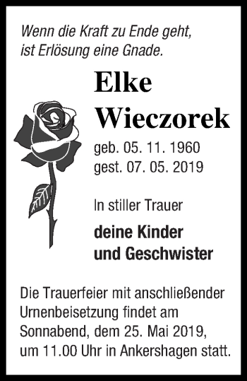 Traueranzeige von Elke Wieczorek von Müritz-Zeitung