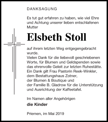 Traueranzeige von Elsbeth Stoll von Vorpommern Kurier