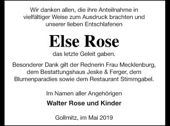 Traueranzeige von Else Rose von Prenzlauer Zeitung