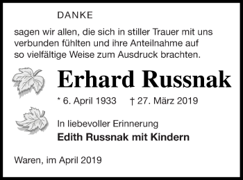 Traueranzeige von Erhard Russnak von Müritz-Zeitung