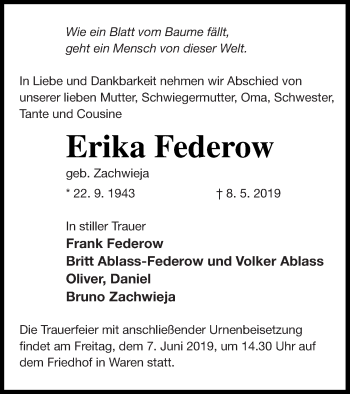 Traueranzeige von Erika Federow von Müritz-Zeitung