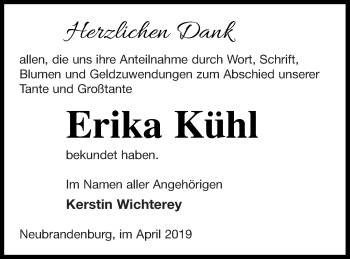 Traueranzeige von Erika Kühl von Neubrandenburger Zeitung