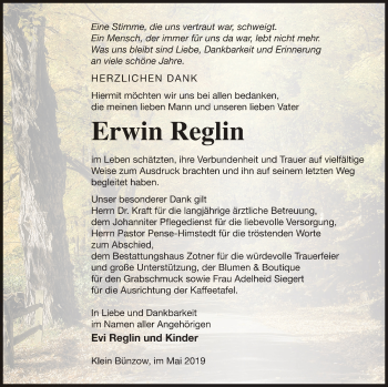 Traueranzeige von Erwin Reglin von Vorpommern Kurier