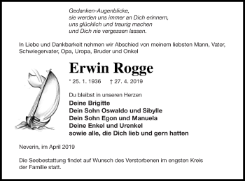 Traueranzeige von Erwin Rogge von Vorpommern Kurier