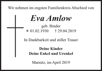 Traueranzeige von Eva Amlow von Parchimer Zeitung