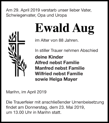 Traueranzeige von Ewald Aug von Müritz-Zeitung