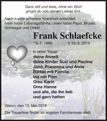 Traueranzeige von Frank Schlaefcke von Müritz-Zeitung