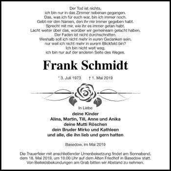 Traueranzeige von Frank Schmidt von Mecklenburger Schweiz