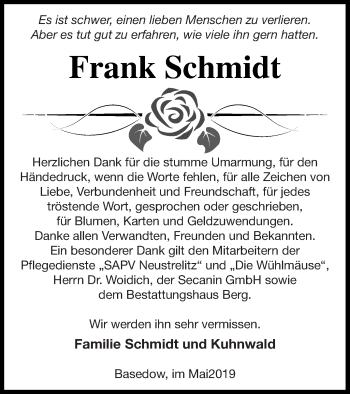 Traueranzeige von Frank Schmidt von Mecklenburger Schweiz